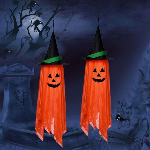 2 Pack Ghost & Witch Halloween Hanging Decorations - Cute Pumpkin Ornaments for Outdoor Party