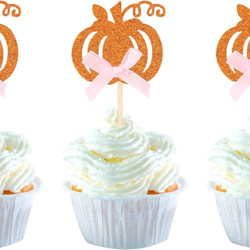 30 Pack Pumpkin Cupcake Toppers with Pink Ribbon Glitter Fall Theme Pumpkin Gender Reveal Cupcake Picks Decorations for Fall Harvest Theme Baby Shower Kids Birthday Party Supplies Orange