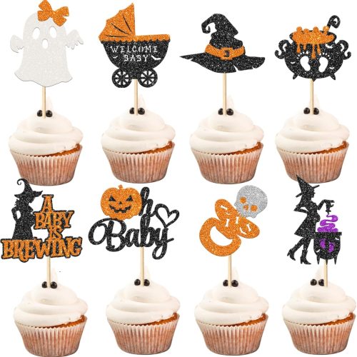 32 Pack Halloween Oh Baby Cupcake Toppers A Baby is Brewing Cupcake Picks Witch Hat Pumpkin Ghost Cake Decorations for Happy Halloween Theme Party Baby Shower Birthday Party Supplies Pink Black