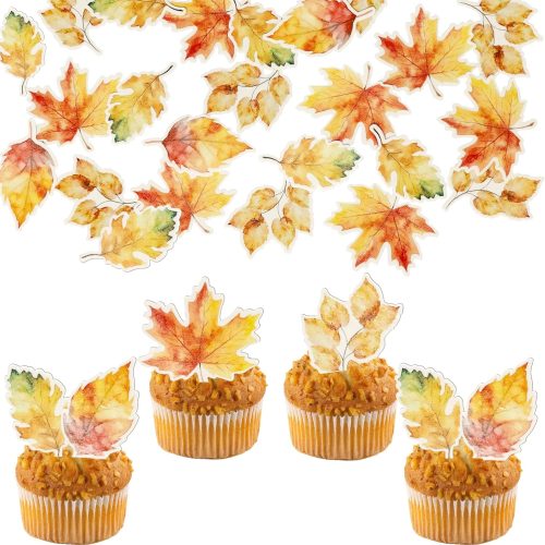 Ephlyn 60Pcs Edible Fall Leaves Cupcake Toppers Maple Leaves Cake Toppers Edible Leaf Cupcake Toppers Wafer Paper Fall Leaf Cupcake Decorations for Autumn Thanksgiving Party Baby Shower Supplies