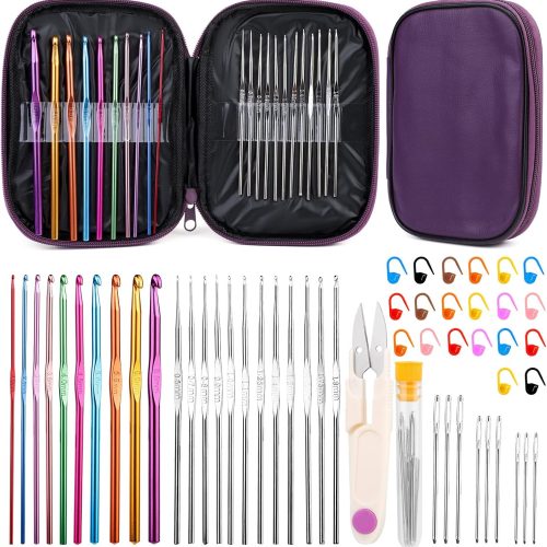 IMZAY 54 Pcs Crochet Hooks Set, Crochet Needles Set with Purple Storage Case, Ergonomic Knitting Needles Stitch Marker DIY Hand Knitting Craft Art Tools for Beginners