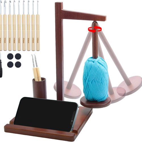 Wooden Yarn Holder for Crocheting, Magnetic Rotating Yarn Spinner Yarn Spool Rack with Crochet Accessories Storage and Phone Stand, Yarn Ball Holder for Knitting Lovers