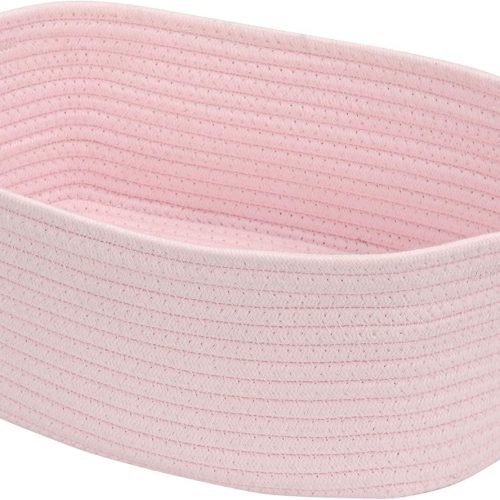 CTEL94CT_1 Small Woven Cotton Rope Basket Cute Baby Gift Baskets Empty Decorative Storage for Organizing Shelves Closet Baby Nursery Basket Bin Toy Storage Basket Organizer 13.7"x10.2"x5" Pink Easter