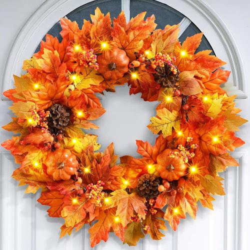 Fall Wreaths for Front Door, 20 Inch Autumn Wreath with Pumpkins Maple Leaves for Harvest Home Outdoor Thanksgiving Wall Decor