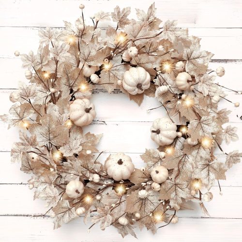 CTEZ06CT_1 26 Inch Large Foldable Fall Wreath for Front Door with Lights Timer, Autumn Maple Leaf Pumpkin Wreaths & 88 Silk Maple Leaves 22 Pumpkins Indoor Outdoor Decorations for Home Thanksgiving Harvest Decor