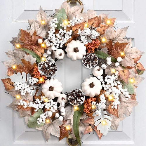 Fall Decorations for Home, 20 Inch Fall Wreaths for Front Door with White Pumpkins, Lifelike Pinecones Berries & Maple Leaves, Autumn Wreath with Lights for Indoor Outdoor Thanksgiving Home Decor