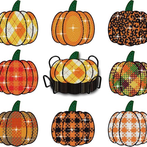 8 Pieces Fall Pumpkin Diamond Art Painting Coasters with Holder DIY DIY Autumn Diamond Art Painting Kit Diamond Coasters for Adults Kids Crafts Gift Beginner
