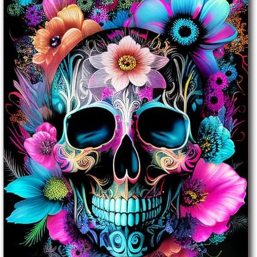 igoodom Diamond Art Kits for Adults, Sugar Skull Diamond Painting Kit, Full Drill Round Skull Flower Diamond Art Kits, DIY Gem Art and Crafts for Home Wall Decor Gift 12x16inch