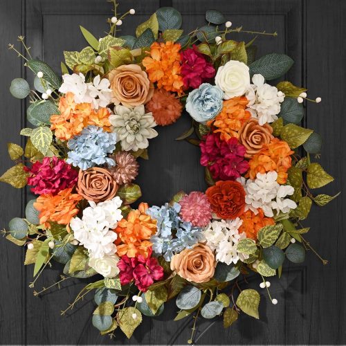 Fall Decor, Fall Wreaths for Front Door, 22 Inch Fall Door Wreath Indoors Outdoor Decor with Hydrangea, Dahlia, Autumn Wreaths, Fall Decoration for Home Porch Wall Decor, Thanksgiving Wreath Decor