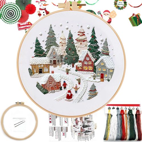 FONNUY Crewel Christmas Embroidery Kit for Beginners, Cross Stitch Set Winter Snow Scene Pine Owl Pattern for Adults, Easy to Follow Color Thread Needlework, 8'' Hoop (Snow Village)24.05CTEZ316CT