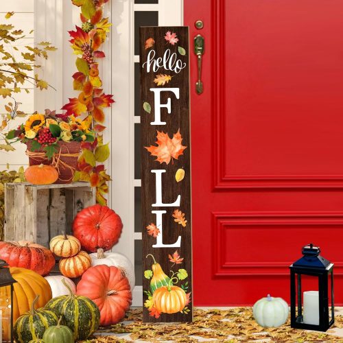 Hello Fall Welcome Sign for Front Porch Standing, Wooden Porch Sign with Leaves for Front Door Decorations, Rustic Farmhouse Hanging Wall Sign for Harvest Thanksgiving Decor 47.2"H