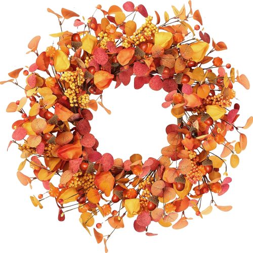 Sggvecsy Artificial Fall Wreath 20’’ Autumn Front Door Wreath with Eucalyptus Leaves Berries Small Pumpkins Lantern Fruit for Outside Indoor Wall Window Festival Thanksgiving Autumn Harvest Decor