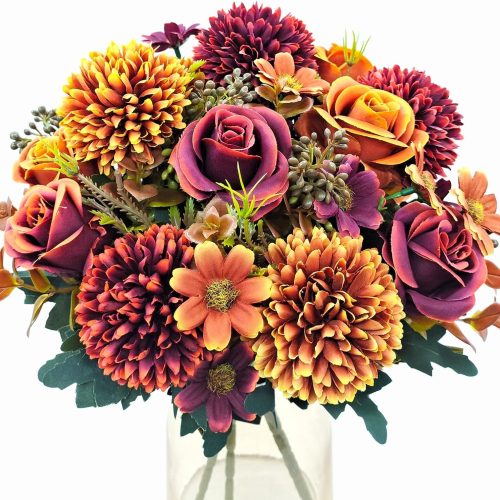 3 Pcs Fall Flowers Artificial Mums Silk Chrysanthemum Rose Daisy Bouquet Fake Mum Faux Floral Arrangements Home Indoor Outdoor Planter Decor Party Wedding Table Autumn Decoration