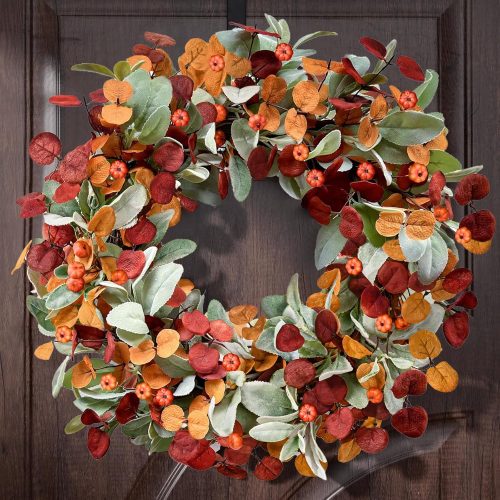Waipfaru Fall Decor, 22 Inch Fall Wreaths for Front Door, Autumn Door Wreath with Lambs Ears Leave Eucalyptus Leaves Pumpkin Thanksgiving Harvest Halloween Farmhouse Home Outdoor Porch Indoor Decor