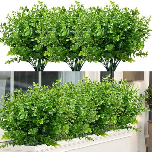 8 Bundles Outdoor Artificial Boxwood UV Resistant Fake Stems Plants, Faux Plastic Greenery for Indoor Outside Hanging Plants Garden Porch Window Box Home Wedding Farmhouse Décor