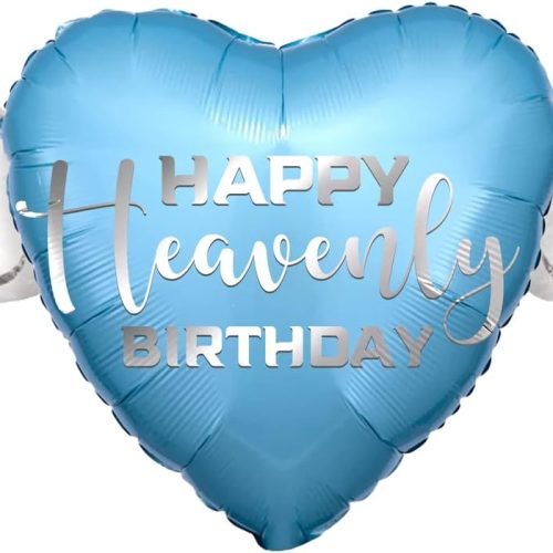 Blue Happy Heavenly Birthday Heart Balloon with Angel Wings – Memorial & Remembrance Decoration