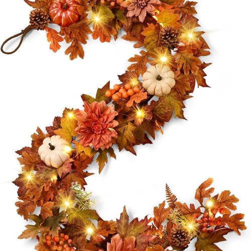 Fall Garland for Mantle, 6 FT Fall Garland with Lights, Fall Leaves Pumpkin Garlands for Table Centerpiece Door Window Fireplace Home Indoor Outdoor Fall Thanksgiving Decorations for Home