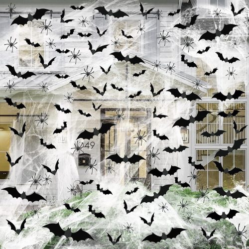 1200 sqft Halloween Spider Webs &120pcs Fake Bats 50pcs Fake Spiders Super Stretch Cobwebs for Halloween Theme Decoration Party Supplies