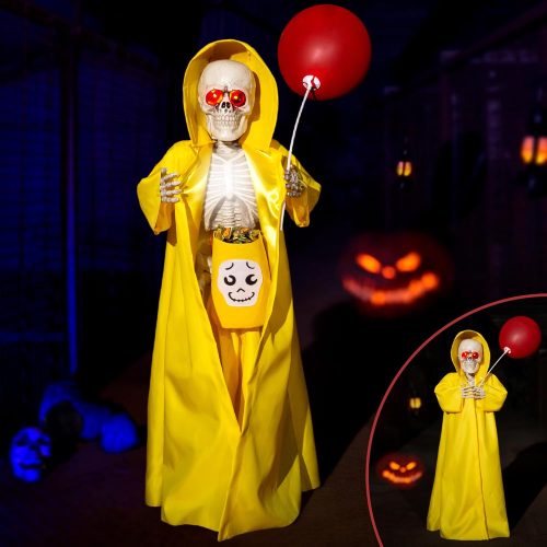 Halloween Animatronic Skeleton with Candy Bag,3FT Sound-Activated Animated Prop, Creepy Raincoat Opening,Glowing Rib Cage & Eyes,Outdoor Halloween Decoration for Porch Yard Party