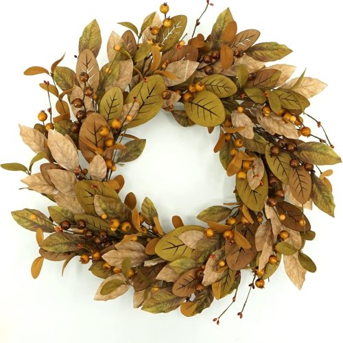 20'' Fall Wreath Autumn Wreath for Front Door with Brown Magnolia Leaves and Small Pomegranate Fruits for Home Outdoor Farmhouse Porch Wall Window Decoration,Brown Gift Box Included