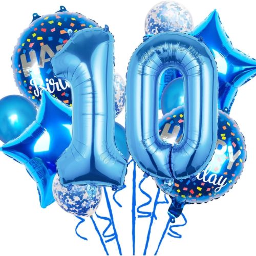 Balloons, 11 pcs Foil Balloons 10 Year Old for 10st Birthday Party Supplies Decoration， Confetti Balloon Kids Party Balloons Birthday Party Supplies 10 Years Old Birthday Balloon for Kids (10th, Blue)