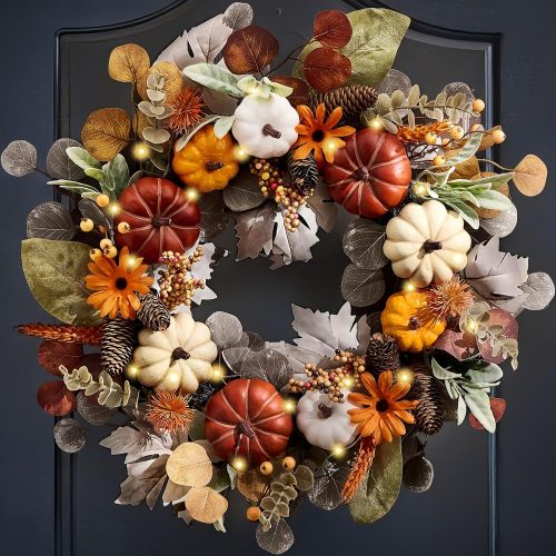 Valery Madelyn Collapsible Fall Wreath with Light for Front Door, 24" Autumn Door Wreath with Brown Pumpkin Silk Maple Leaves Outdoor Fall Halloween Decorations for Home Porch Thanksgiving Table Decor