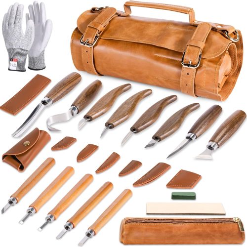 18PCS Wood Carving Kit for Beginners & Enthusiasts – Whittling Knife Set with Toll Roll Tote, Safety Gloves, Sharpening Stone, Leather Strop – Wood Carving Tools Set
