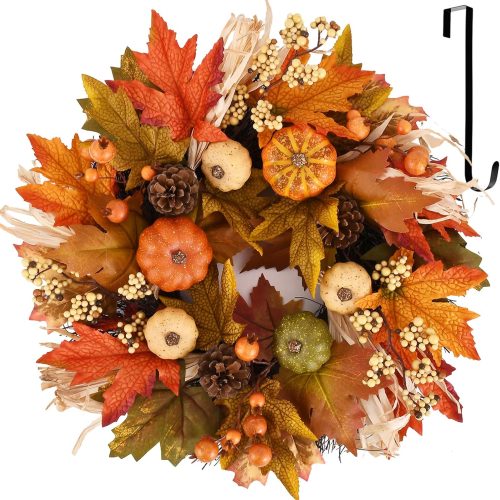 Fall Wreaths for Front Door, 20inchs Autumn Wreath with Hangers Pumpkin Maple Autumn Harvest Wreath Fall Decorations for Home Ideal Thanksgiving Decorations Wall Window Party Decor Indoor Outdoor