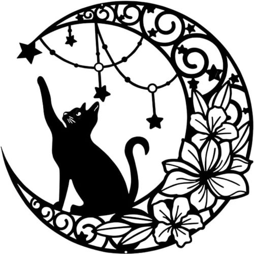 12 Inch Black Metal Cat Art Wall Decor, Moon Cat Silhouette Wall Hanging Sculpture for Living Room Bedroom Bathroom Decoration Home Accents