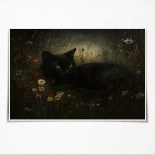 Black Cat Wall Art Wildflower Poster Gothic Dark Academia Halloween Decor Moody Cat Canvas Print Vintage Maximalist Painting Picture Decor for Living Room Bedroom Bathroom 12x18inch Unframed
