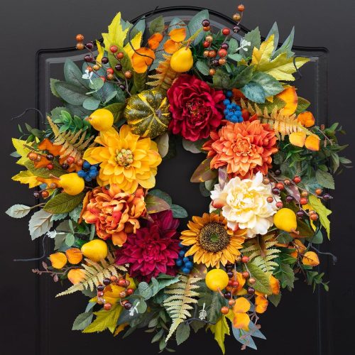 24 Inch Fall Wreaths for Front Door– Autumn Harvest Wreath with Sunflower Pumpkin Peony Dahlia Pear Blueberries Eucalyptus and Maple Leaves– Indoor Outdoor Thanksgiving Halloween Decorations