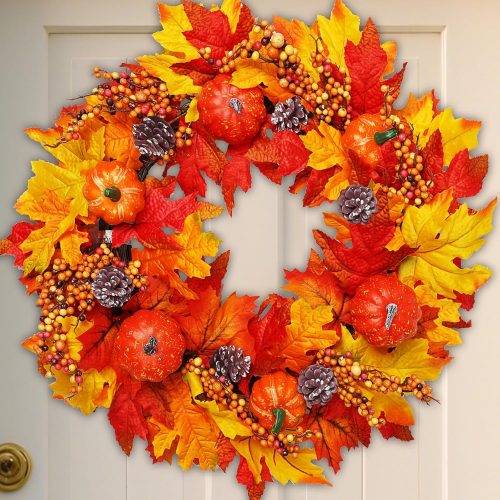 DiliComing Fall Wreath Front Door Wreath - 20 inch Fall Wreaths for Front Door, Autumn Wreaths with Pumpkin Maple Leavses for Indoor Outdoor Outside, Home Decor for Thanksgiving Harvest