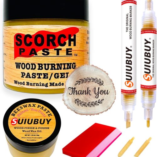 Scorch Paste - 7 PCS Wood Burning Paste Pen Kit, with 2 PCS Wood Burn Pen Kit, 1 Jar Beeswax Paste and Squeegees Etc., Suitable for Beginners Handmade Meaningful DIY Gifts