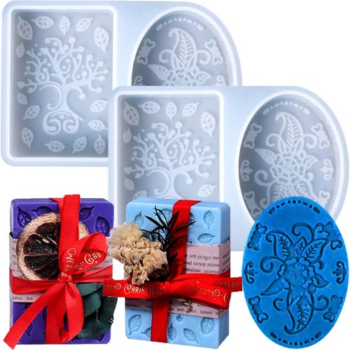 Soap Silicone Mold, 2 Pack Embossing Flower Handmade Soap Mold, Rectangle & Oval Silicone Soap Molds, Mixed Flower Patterns for Making Gift, Cake, Jelly, Lotion Bars