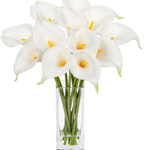 DILATATA Fake Flowers in Vase 12“ Artificial Calla Lily Pure-White Flowers Arrangement with Vase and Faux Water for Home Decor Dining Table