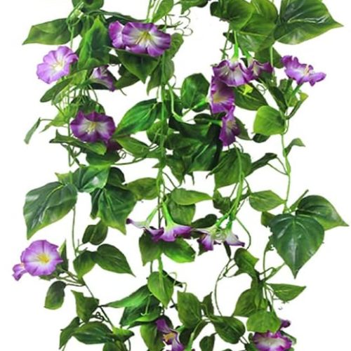 FERIAL Artificial Vines 15Feet Silk Flower Garland for Outdoors Purple Morning Glory Vine Artificial Flowers Hanging Plants Garland Fake Green Plant 2Pcs for Wall Fence Indoor Wedding Banquet Decor