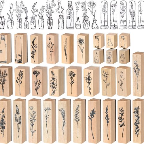 Marspark 31 Pcs Vintage Wooden Rubber Stamps Flower Plant Decorative Cute Wood Mounted Stamps Set for DIY Craft Scrapbook Letter Diary Back to School Supplies for Students and Planner Decoration