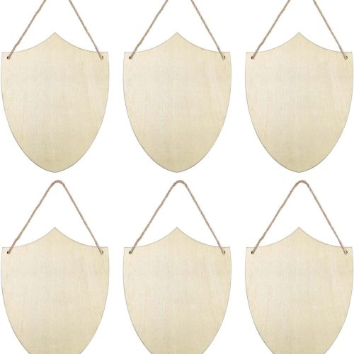 CTFO73CT_1 6pcs Wooden Shield Shapes Wood Sign Blank Hanging Wooden Plaque Unfinished Wood Cutouts DIY Craft Project Ornaments for Father's Day Halloween Christmas Decoration