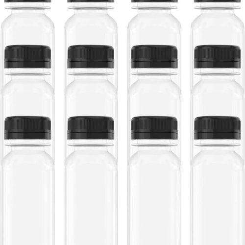 AQSXO 12 Pcs 2 OZ Mini Plastic Juice Bottles, Reusable Bulk Beverage Containers, Comes Black lid, for Juice, Milk and Other Beverages.