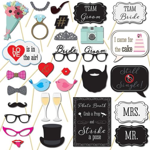 Wedding Photo Booth Props,31Pcs Set of Wedding Selfie Party Supplies&Decorations Supplies with Real Glitter Cute Wedding Backdrop and Selfie Station