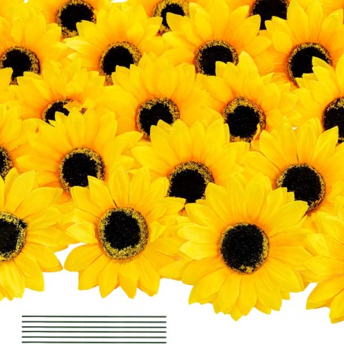 CTG772CT_1 DuHouse 40pcs Fake Sunflowers Heads with Stems 4'' Artificial Sunflower Silk Sunflower Heads for Outdoor Home Wedding Birthday Party Decoration (Yellow)