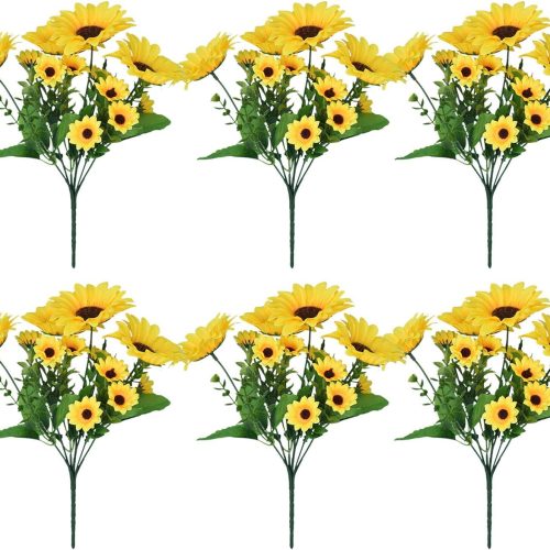 6 Pack Artificial Sunflowers with Stems for Indoor Outdoor 12 inch Fake Silk Sunflower with 13 Sunflower Heads and 27 Green Leaves Decor Home Wedding Party Office (6Pack)
