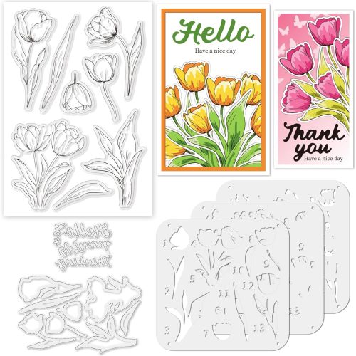 Stamps and Dies for Card Making, Mother's Day Tulip Stamps Die Cut Stencils Clear Stamps Set Layering PET Coloring Stencil for DIY Scrapbooking Craft Decor Album Paper Arts Crafts Supplies