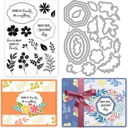 INFUNLY Label Die Cut Leaf Clear Stamps and Dies Sets for Card Making Word Silicone Stamps Cut Stencils for DIY Scrapbooking Photo Album Decorative Paper Crafting Embossing Template