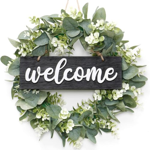 Dremisland 16 Inch Eucalyptus Leaves Wreath,Artificial Green Leaves Wreath with Welcome Sign Board for Front Door Window Farmhouse Garden Festival Celebration Home Decoration (Black)