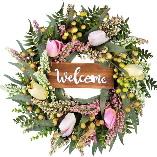 Wreaths for Front Door 20 Inch Spring Summer Tulip Wreath withTulip,Berries,Boxwood and Cattails Welcome Door Wreath, Porch, Window -Green Decor for Home, Farmhouse - Spring, Summer, Fall, All Seasons