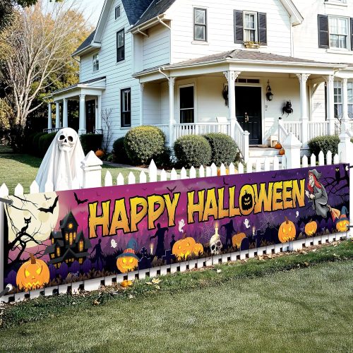 Katchon, Happy Halloween Banners For Outside - Xtralarge, 120x20 Inch | Summerween Party Decorations for Halloween Decorations Outdoor | Purple Happy halloween Banner for Summerween Decorations