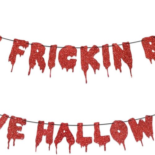 Red Glitter It's Frickin Bats I Love Halloween Banner - Hanging Paper Garland Bunting Banner Bloody Bat-Themed Decorations, Photo Backdrop for Wall Home Mantle Office Wall Spooky Party Supplies