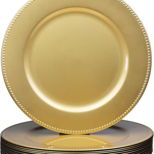 Set of 12 Gold Charger Plates with Beaded. 13" Reusable Plastic Table Chargers for Dinner Plates