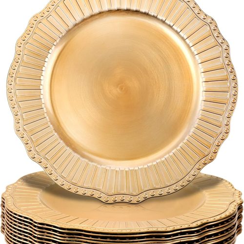 Dicunoy 12 Pack Charger Plates, 13Inch Gold Dinner Under Plates, Plastic Round Charger Service Base Plates, Reusable Beaded Server Ware Serving Trays for Wedding, Christmas Dinner Table